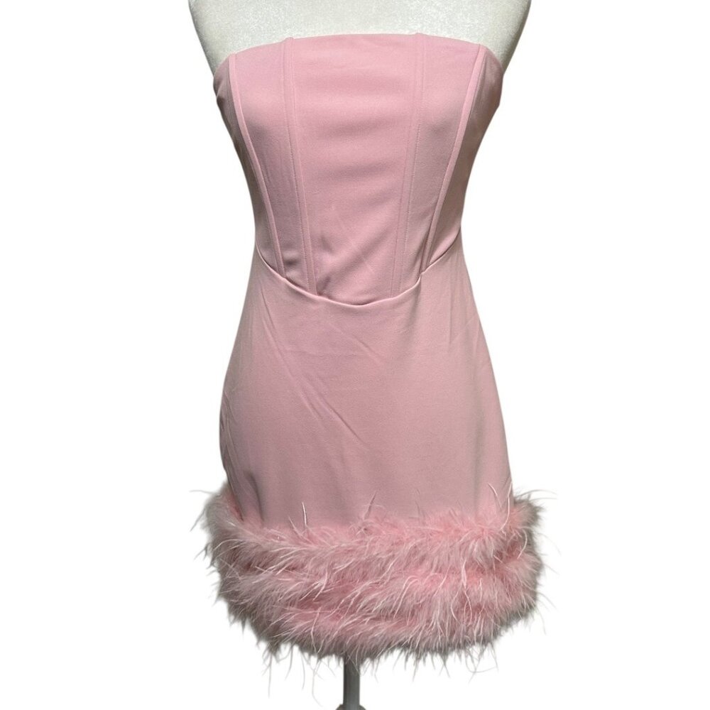 Lulus Fabulous Delight Light Pink‎ Strapless Bustier Feather Mini Dress